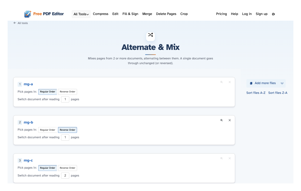 The Alternate & Mix screen on desktop: three document rows with Regular / Reverse Order choices and a switch-after-N-pages box, the Add more files rail with A-Z / Z-A sorting, and the Mix PDF files button