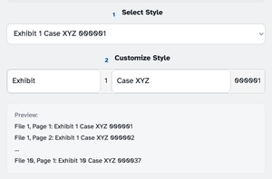 1 Select Style showing “Exhibit 1 Case XYZ 000001”, the 2 Customize Style composer with the Exhibit / file-counter / Case XYZ / 000001 segments, and the Preview lines File 1 Page 1 through File 10 Page 1