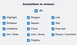 Annotations to remove: the ticked All master above the three columns of thirteen ticked type boxes
