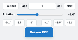 The manual controls: Previous / Page 1 of 1 / Next, the Rotation slider set to −4.0°, the six fine-tune buttons and the Deskew PDF button