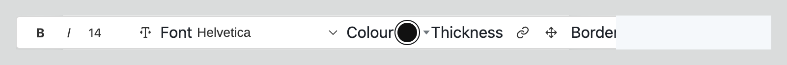 The float bar: bold, italic, font size, Fit, font family, colour, thickness, link, move and border controls