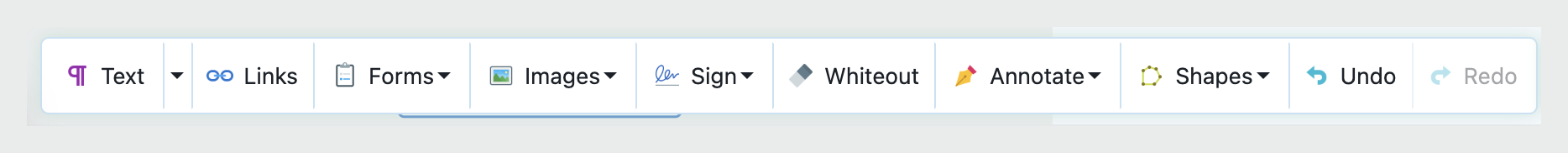 The editor's tools bar: Text, Links, Forms, Images, Sign, Whiteout, Annotate, Shapes, Undo and Redo