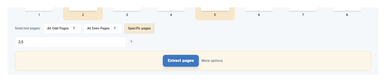 The picking controls up close: Selected pages chips for All Odd Pages, All Even Pages and Specific pages, the range box holding 2,5, and the Extract pages button with More options