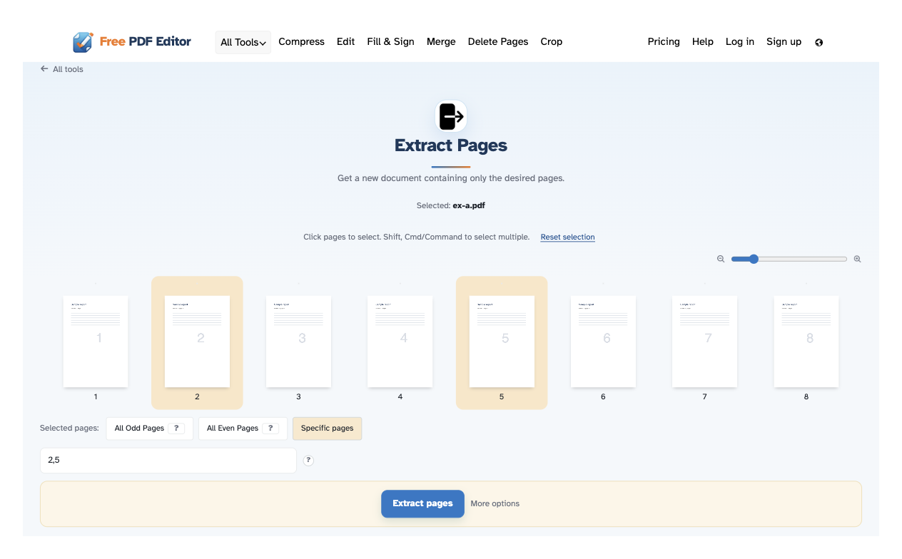 The Extract Pages screen on desktop: eight page thumbnails with pages 2 and 5 picked on amber plates, the click-to-select hint, the quick-pick chips, the range box showing 2,5 and the Extract pages button