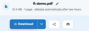 The ready page showing fl-demo.pdf — 51.4 KB · 1 page · deleted automatically after two hours — above the Download button
