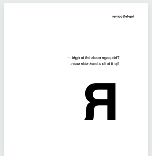 The Flip preview mirroring a page horizontally: the big letter R faces backwards and the “top-left corner” label has moved to the top right, all reversed
