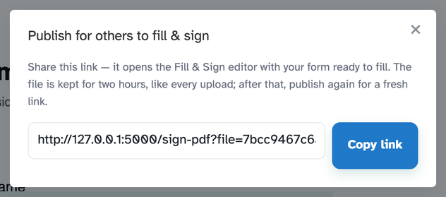 The Publish dialog: a fill-and-sign link with a Copy link button