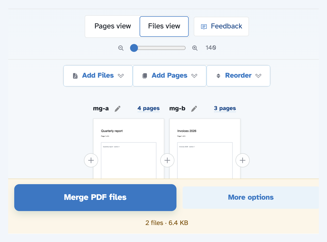 The merge workspace: Pages view and Files view toggle, Feedback, thumbnail zoom, Add Files, Add Pages and Reorder, one card per file with its page count, and the Merge PDF files button