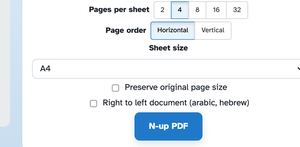 The N-up options column: Pages per sheet with 4 picked, Page order set to Horizontal, the Sheet size dropdown showing A4, the two checkboxes and the N-up PDF button