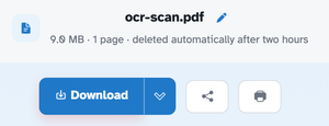 The ready page showing ocr-scan.pdf — 9.0 MB · 1 page · deleted automatically after two hours — above the Download button