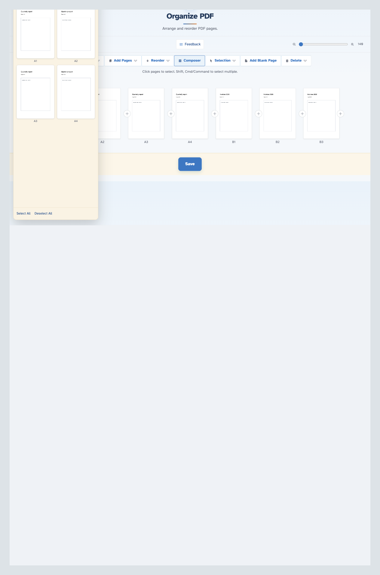 The Composer drawer open over the organise grid: one document's pages listed with Select All / Deselect All, dragged onto the sheet