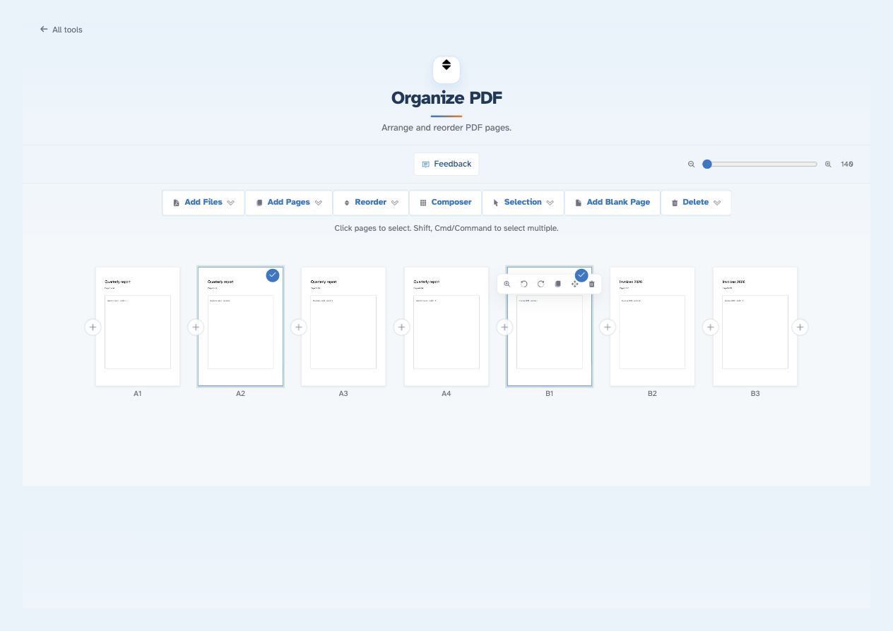 The organise workspace on desktop: Add Files, Add Pages, Reorder, Composer, Selection, Add Blank Page and Delete, the pages grid with two pages ticked, and the Save button