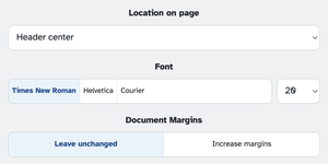Location on page set to Header center, the Font row with Times New Roman selected and size 20, and Document Margins on Leave unchanged