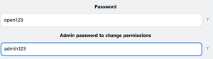 The Password box holding open123 above the Admin password to change permissions box holding admin123