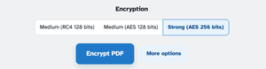 The Encryption row with Medium (RC4 128 bits), Medium (AES 128 bits) and Strong (AES 256 bits) selected, above the Encrypt PDF button