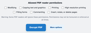 Allowed PDF reader permissions — seven unticked checkboxes from Modifying to Insert, rotate, or delete pages — above the warning line and the Encrypt PDF button