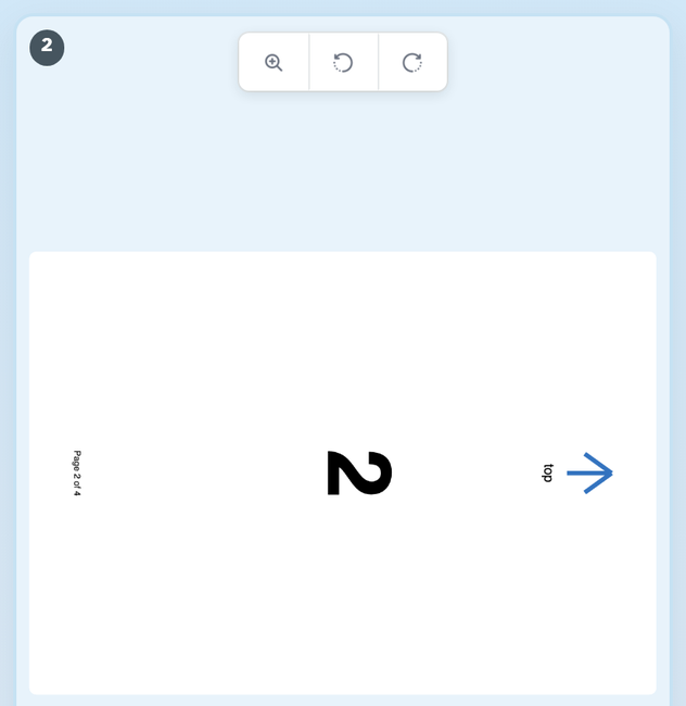 A page card on hover: the Enlarge, rotate-left and rotate-right buttons in a joined pill above the turned sheet, which already shows the page on its side