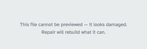 The workspace after a damaged upload — “This file cannot be previewed — it looks damaged. Repair will rebuild what it can.”