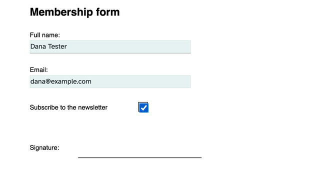 The Membership form in the editor with Full name and Email typed in and the subscribe checkbox ticked