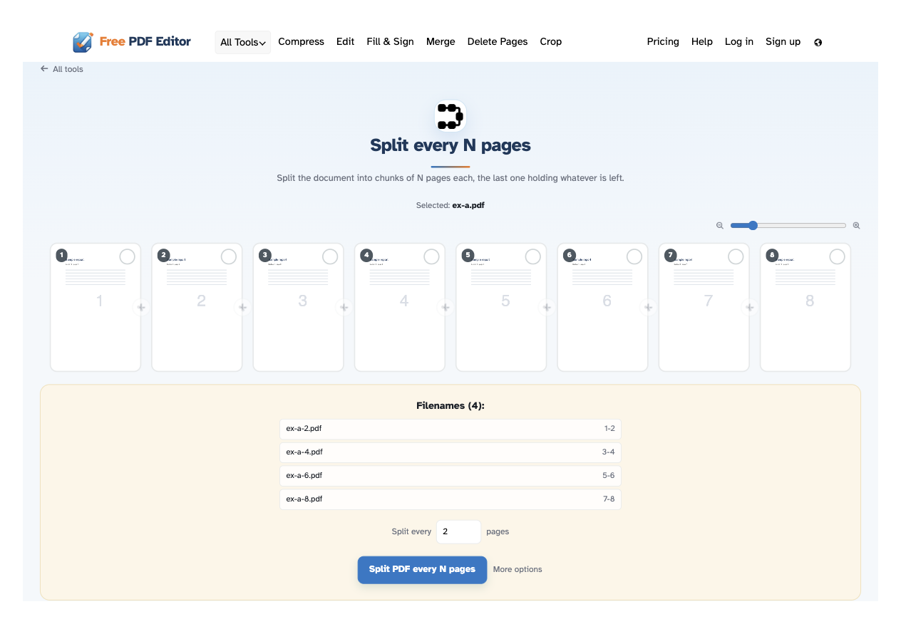 The Split every N pages screen on desktop: eight page thumbnails with cut marks between them, the Filenames panel listing four parts — ex-a-2.pdf 1-2, ex-a-4.pdf 3-4, ex-a-6.pdf 5-6, ex-a-8.pdf 7-8 — and the Split every 2 pages box above the Split PDF every N pages button