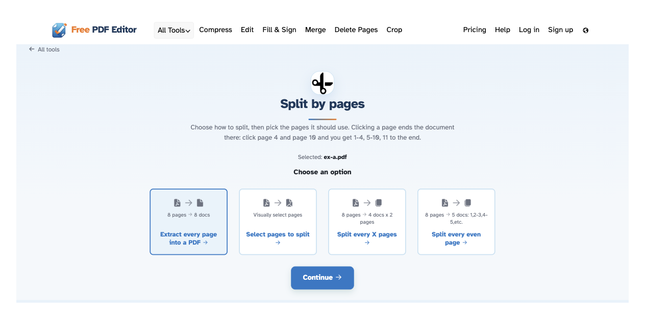 The Split by pages chooser on desktop: four cards — Extract every page into a PDF, Select pages to split, Split every X pages, Split every even page — each showing document counts, above the Continue button