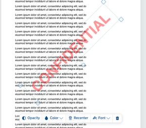 A CONFIDENTIAL watermark crossed diagonally over the page, with its dashed selection box and the floating strip: Opacity, Color, Recenter, Font and a delete button