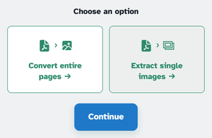 Choose an option: the Convert entire pages card beside the selected Extract single images card, above the Continue button